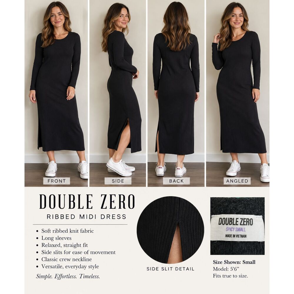 Double Zero Black Ribbed Midi Dress Women's Small Long Sleeve Side Slit Stretch